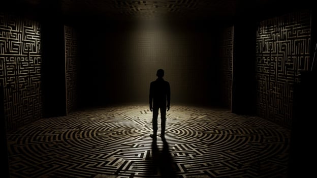 a man stands in a dark room with a maze on the fl photo