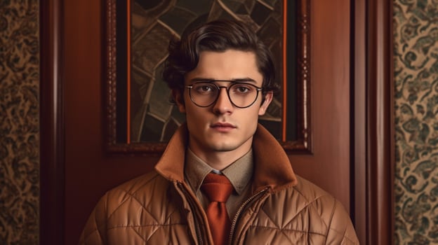 a man wearing a brown jacket and glasses photo
