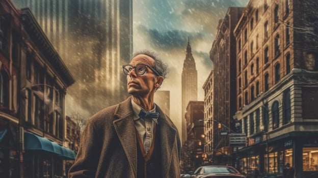 a man wearing glasses stands in front of a city photo