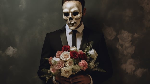 a man with a skull mask holding roses photo