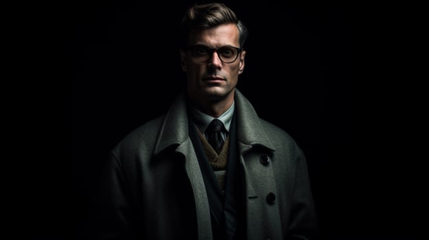 a man with a grey coat and glasses stands in front photo