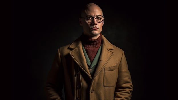 a man with glasses and a brown coat stands photo