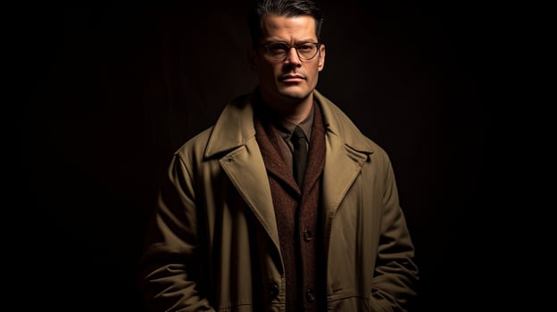 a man with glasses and a brown coat stands photo
