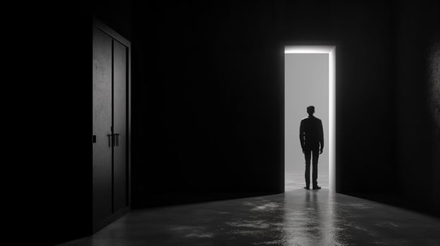 a person is standing in a dark hallway photo