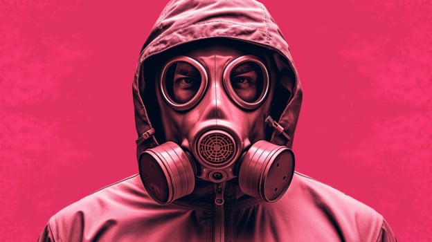 a pink poster with a man wearing a gas mask photo