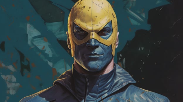 a poster for a comic book character with a mask photo