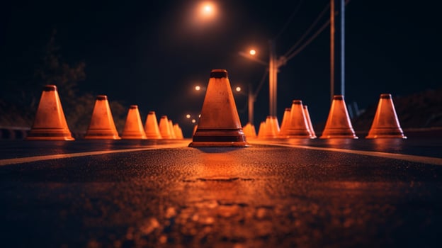 a row of traffic cones on a deserted road photo
