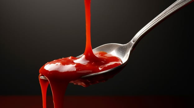 a spoonful of food with a red sauce dripping down photo