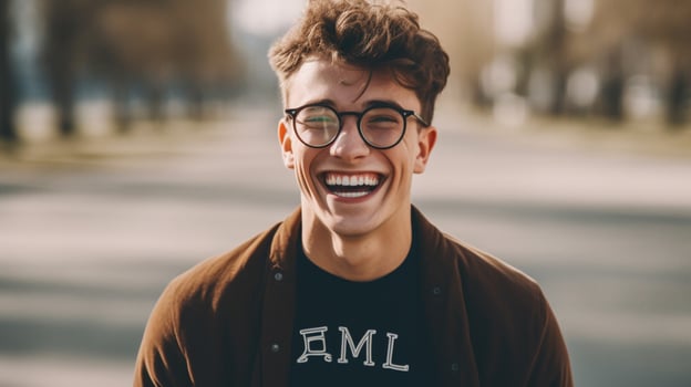 a young man wearing glasses with the word smile o photo