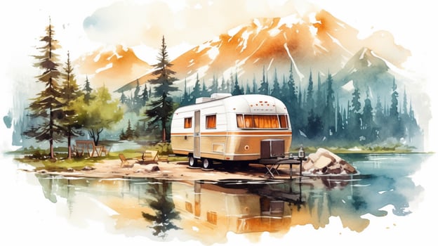 camping in mountain lake with travel trailer wate photo