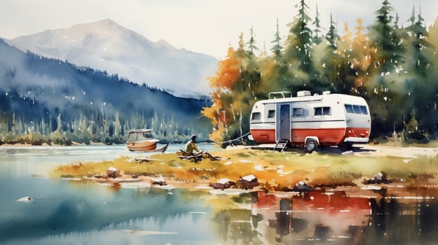 camping in mountain lake with travel trailer wate photo