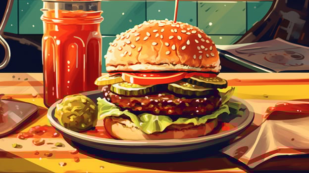 closeup of veggie burger with pickles ketchup photo