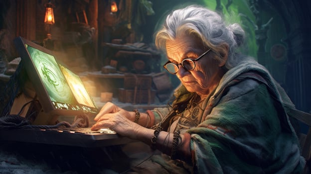 old woman gaming fictional world photo