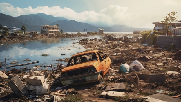 pile of debris left after a tsunami hit the coast photo
