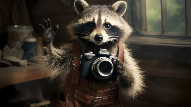 raccoon with a camera in his hand photo