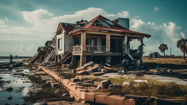 ruined family suburban house after hurricane photo