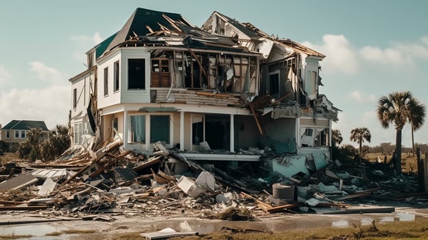 ruined family suburban house after hurricane photo