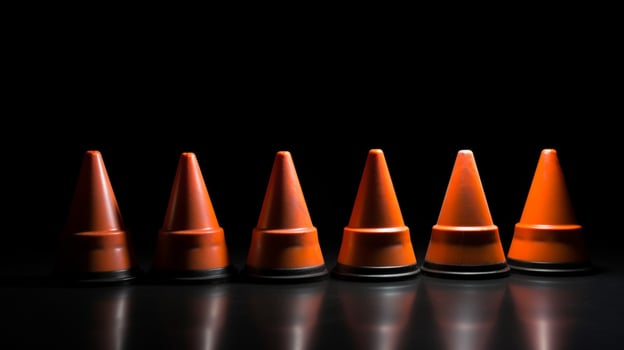 row of traffic cones on black background for class photo