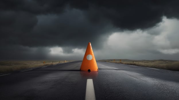 traffic cone in stormy weather with dark skies photo
