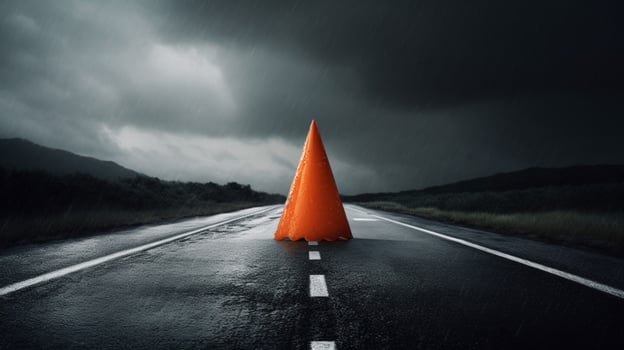 traffic cone in stormy weather with dark skies photo
