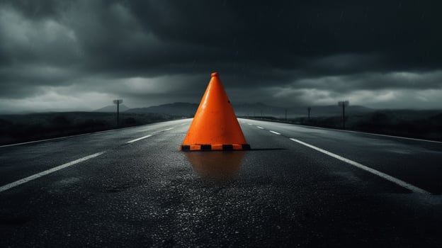 traffic cone in stormy weather with dark skies photo