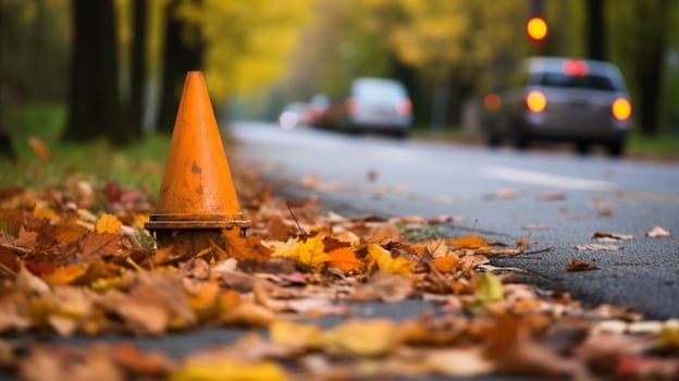 traffic cone on sidewalk surrounded by leaves photo