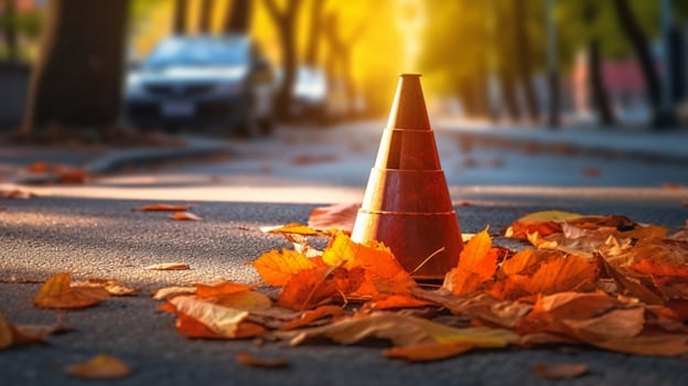 traffic cone on sidewalk surrounded by leaves photo