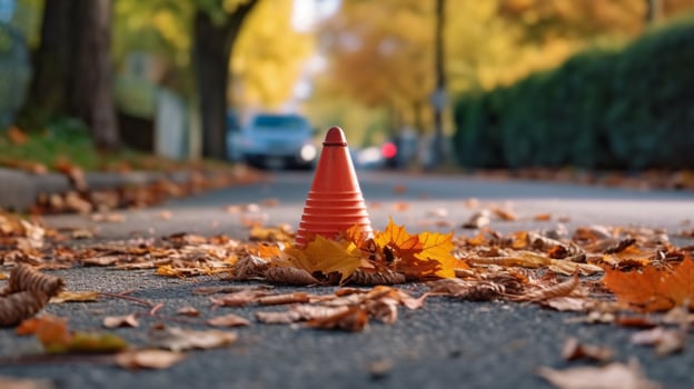 traffic cone on sidewalk surrounded by leaves photo