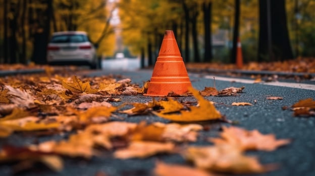 traffic cone on sidewalk surrounded by leaves photo