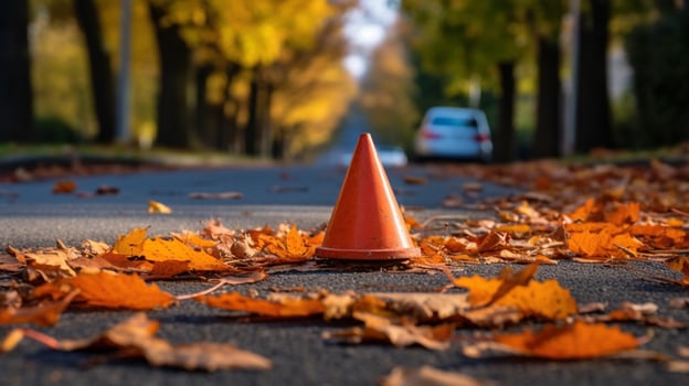 traffic cone on sidewalk surrounded by leaves photo