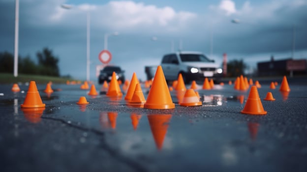 traffic cones scattered on the ground photo