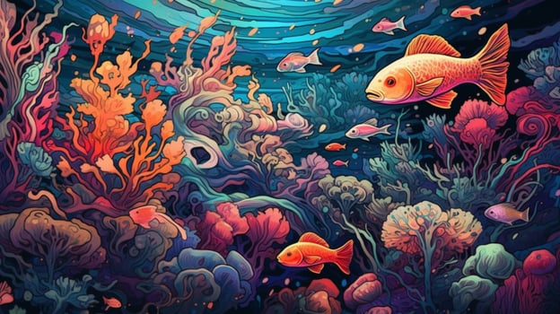 trippy underwater scene with psychedelic fish photo