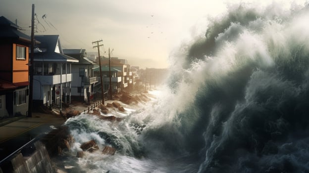 tsunami wave crashing over seawall flooding coast photo