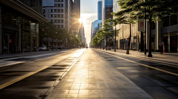 Classical architecture and urban roads, empty road in the city, Generative AI illustration photo