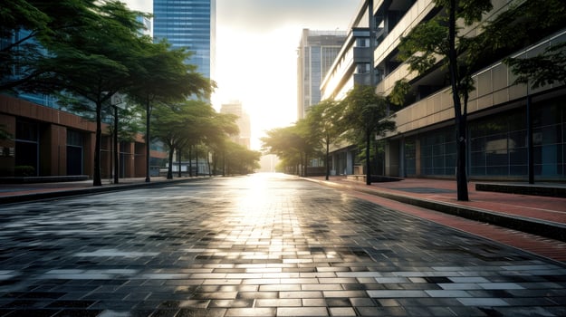 Classical architecture and urban roads, empty road in the city, Generative AI illustration photo