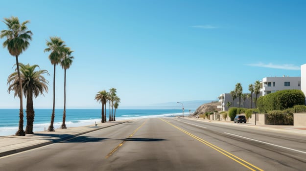 Empty asphalt road beside the sea background, highway beside the sea, outdoors horizontal image, Generative AI illustration photo