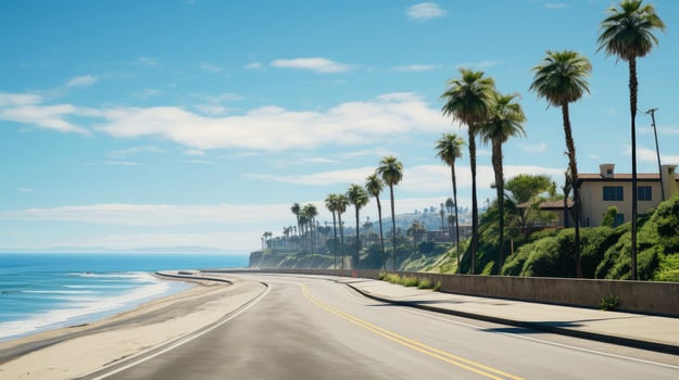 Empty asphalt road beside the sea background, highway beside the sea, outdoors horizontal image, Generative AI illustration photo