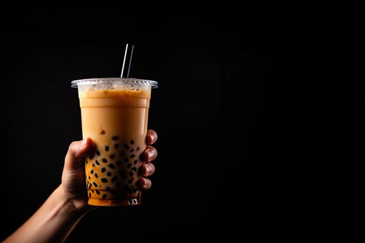 A hand holding takeaway plastic cup of delicious iced bubble milk tea and black pearls isolated on black background with copy space. ai generated photo