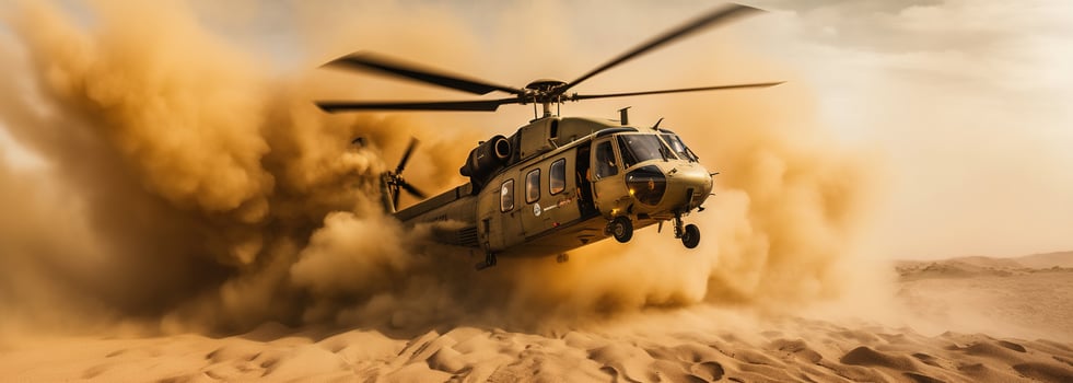 Generative AI, military helicopter takes off in thick dust clouds. photo