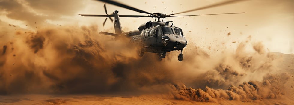 Generative AI, military helicopter takes off in thick dust clouds. photo