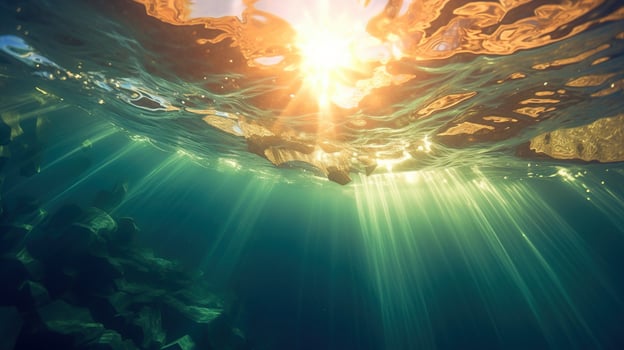 Generative AI, Dark blue ocean surface seen from underwater with sun light photo