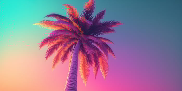 Generative AI, retro california coconut palms. Hawaii palm trees at sunset. Summer background photo