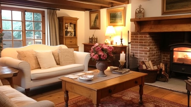 Farmhouse cottage interior design, home decor, sitting room and living room, sofa and furniture in English country house style photo