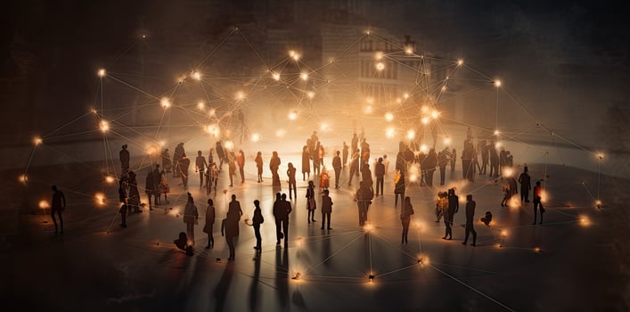 Silhouette of a crowd of people walking in the city at night. AI Generated. photo