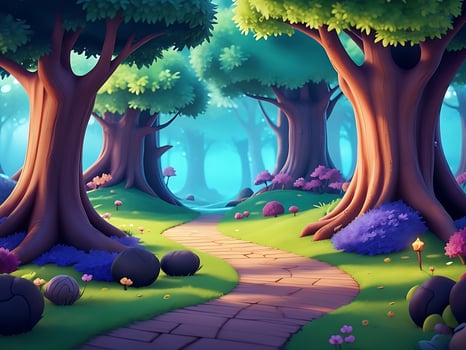 abstract and magical enchanted forest background environment for a battle arena mobile game. Enchanted forest path landscape flat cartoon style. 3D realistic illustration. ai generated photo
