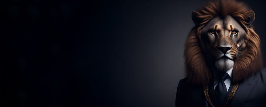 Portrait of Humanoid Anthropomorphic Lion Wearing Businessman Boss Suit in Black Background for Copy Space Banner AI Generative photo