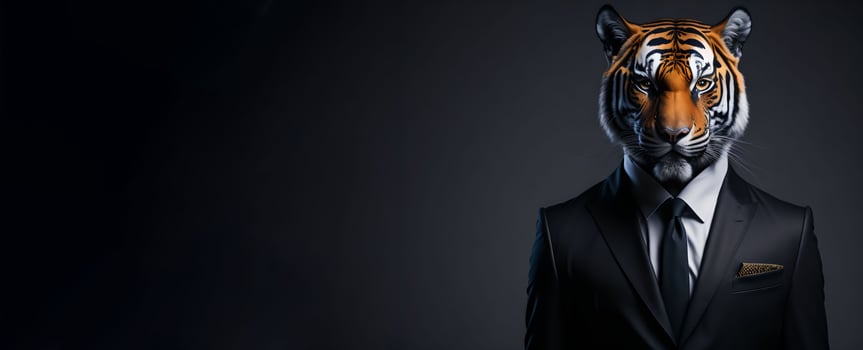 Portrait of Humanoid Anthropomorphic Tiger Wearing Businessman Suit in Black Background for Copy Space Banner AI Generative photo