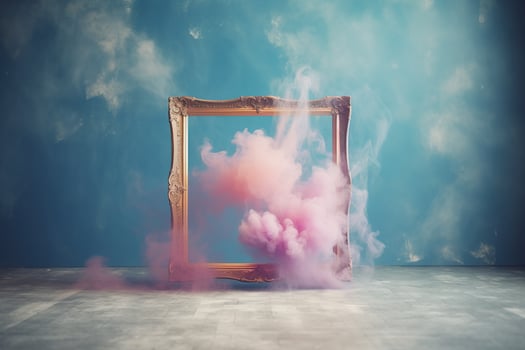 Generative AI, pastel light smoke around empty vintage beautiful frame. photo