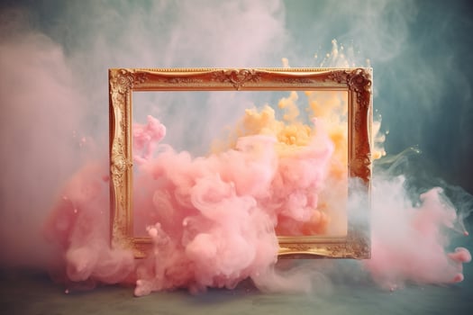 Generative AI, pastel light smoke around empty vintage beautiful frame. photo