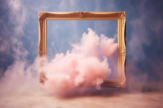 Generative AI, pastel light smoke around empty vintage beautiful frame. photo